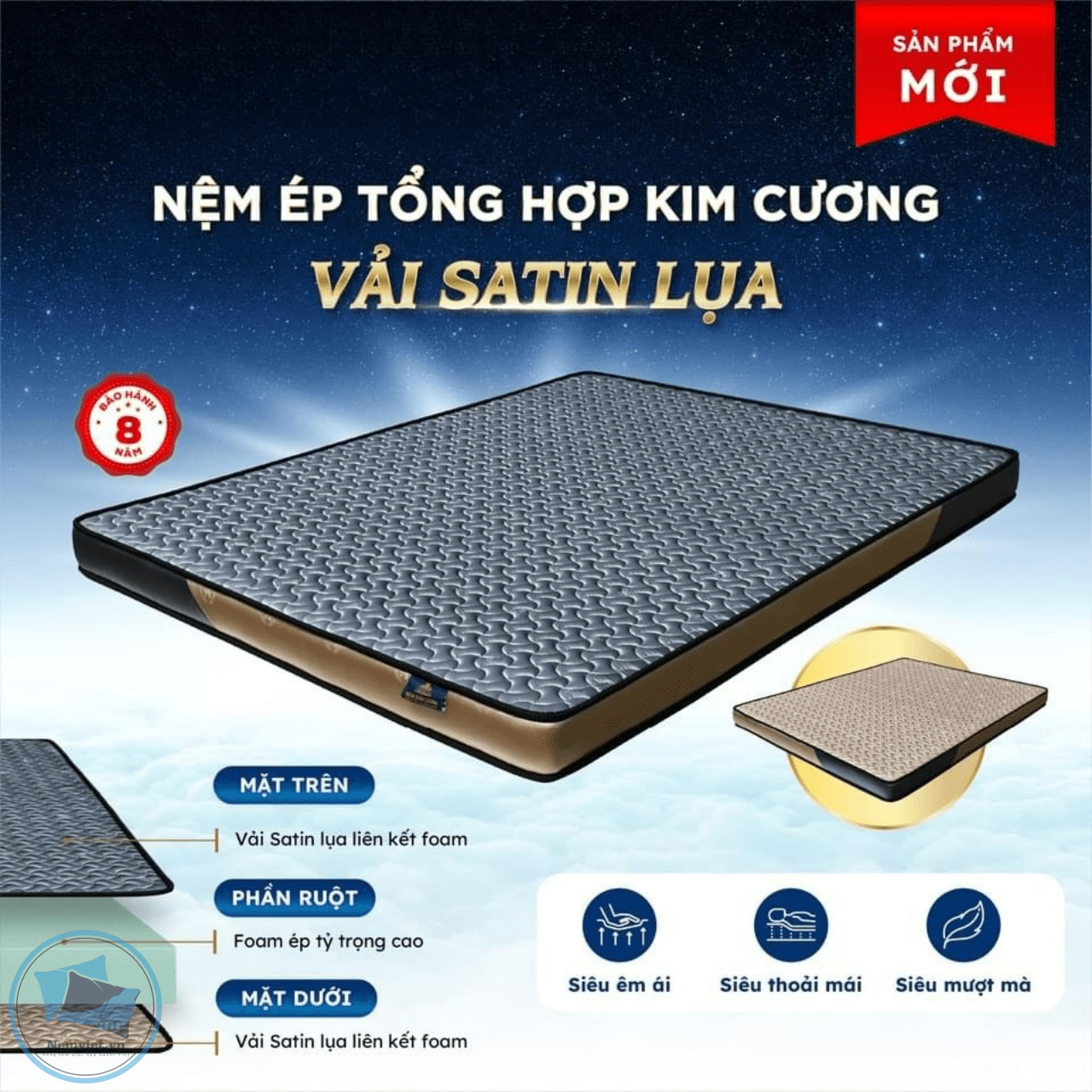 Nệm Cao Su Ép Tổng Hợp Kim Cương Vải Satin Lụa - Mua Online Giảm Giá Lớn